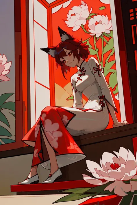 a fox wearing a white cheongsam with peony pattern, sitting by a red Chinese window