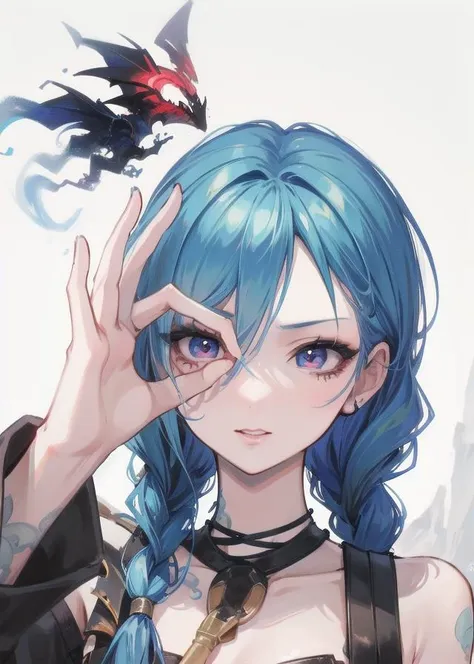 a woman with blue hair and a dragon on her head