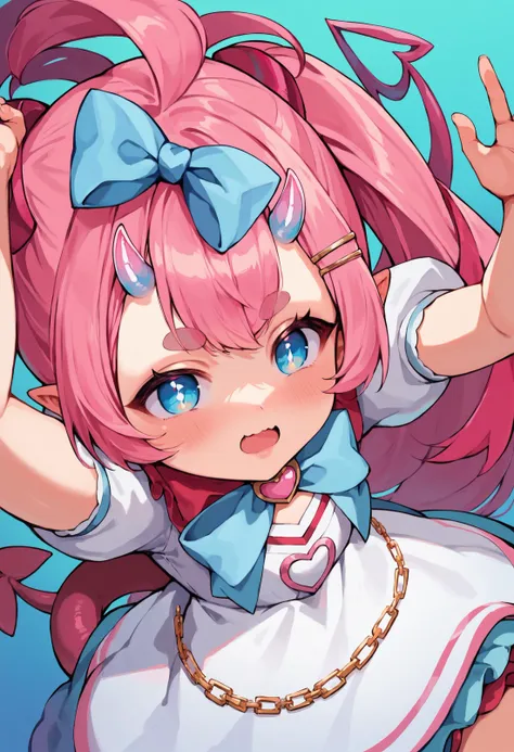 anime girl with pink hair and blue eyes waving