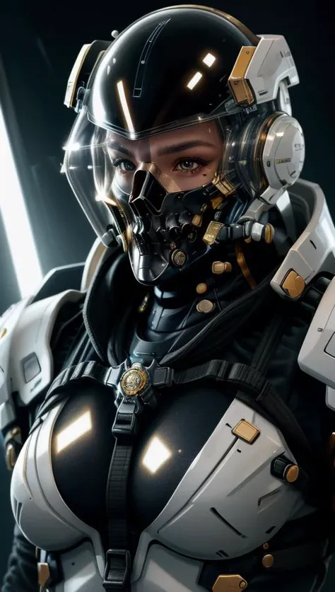 upper body photo of female ludenskojima, perfect eyes, science fiction, half skull mask, gold details, black and gold, detail, realistic, ornate, blue and orange light, <lora:ARWLudensKojima:1> <lora:add_detail:0.6> <lora:blackgold:0.6>