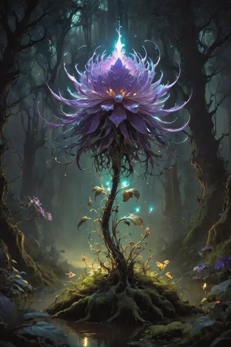 <lora:- SDXL - letitflrsh_let_it_flourish_V1.0:1>,letitflrsh,(Flourish:1.2),
bioluminescent purple flower,An evil flower blooming from the head of a goblin,extremely beautiful,fabulous night forest,magical radiance,Concept art,depth of field,Raw photo,cine...