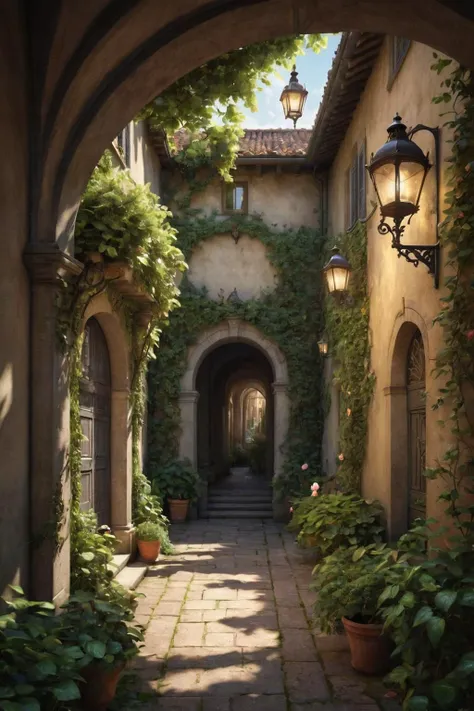 letitflrsh,<lora:- SDXL - letitflrsh_let_it_flourish_V1.0:1>,(masterpiece, best quality, highly detailed, intricate),a walkway in a garden with lots of green plants and trees on either side of it and a lantern hanging from the ceiling,Climbing rose,Florenc...