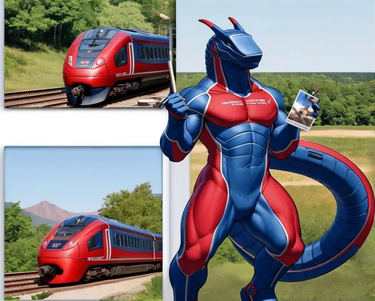 by zaush, by meesh, blue body, black scales, red paint, scalie, synth, matching example, anthro, living machine, living train, locomotive, locomorph, photo, drawing, full length portrait, 4 toes, pose, standing <lora:august_2023_trains_2_128_last_e45_n128:...