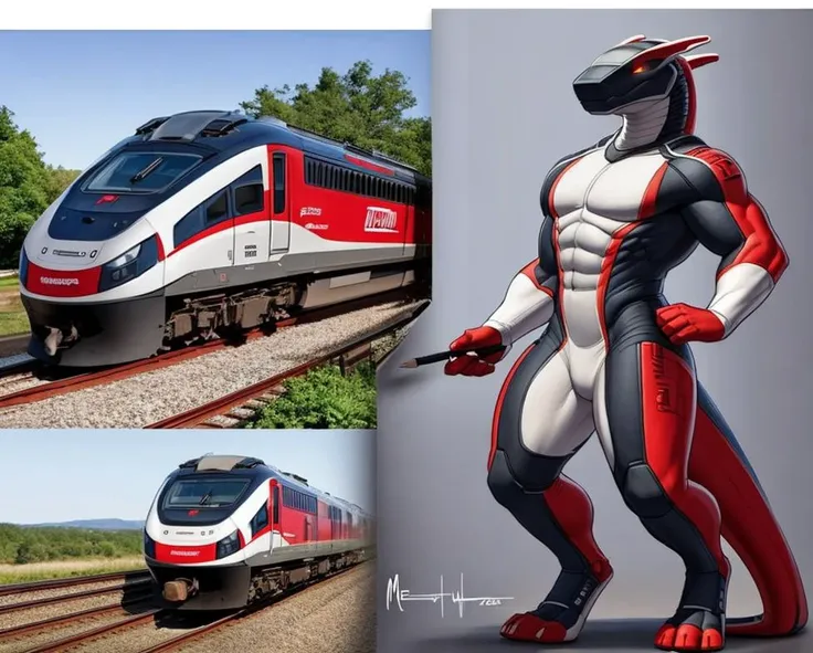 by zaush, by meesh, white body, black scales, red paint, scalie, synth, matching example, anthro, living machine, living train, locomotive, locomorph, photo, drawing, full length portrait, 4 toes, pose, standing <lora:august_2023_trains_2_128_last_e45_n128...