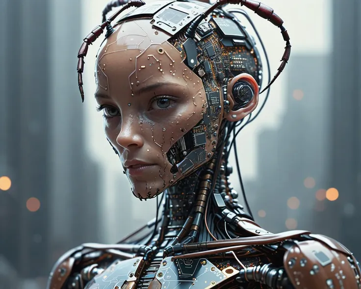 a close up of a robot with a futuristic head and a futuristic face