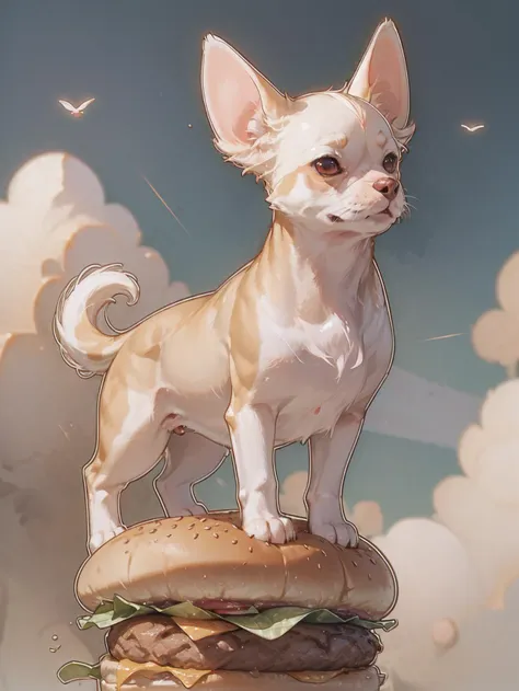 chihuahua (animale), standing on a burger, in the sky