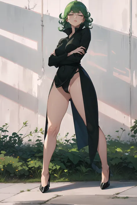 1girl, arm under breasts, arms under breasts, black dress, black footwear, breast hold, breasts, closed eyes, crossed arms, curly hair, dress, full body, grass, high heels, lips, long sleeves, medium breasts, outdoors, solo, standing, tatsumaki, thighs, bl...