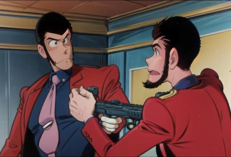 <lora:add_detail:1> <lora:LupinPart2Style:1> pt2, 1boy, formal, red jacket, pink tie, sideburns, holding gun, walther, black hair <lora:gunsLoHatry3:1>, handgun, holding weapon