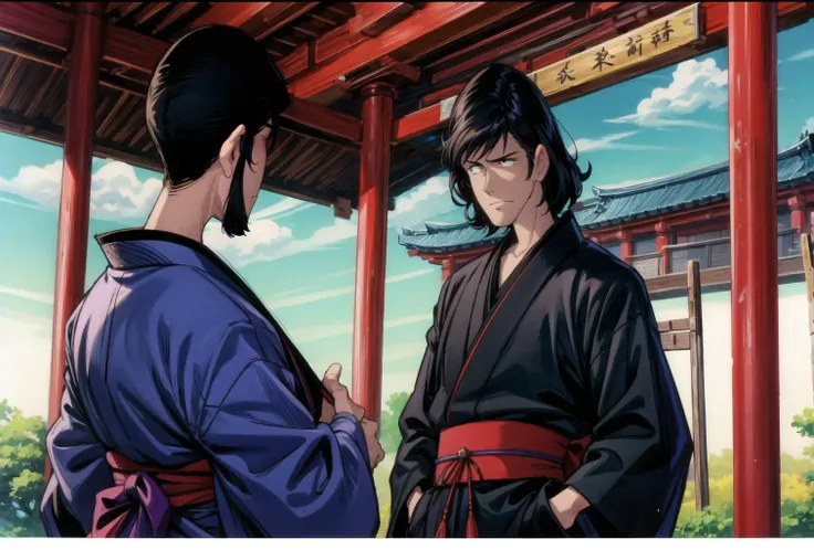 anime scene of two men in kimono robes standing in front of a building