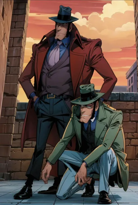 a man in a hat and coat kneeling next to another man in a suit