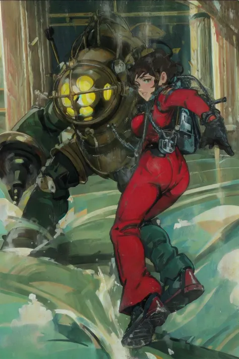 painting of a woman in a red suit snowboarding in a room