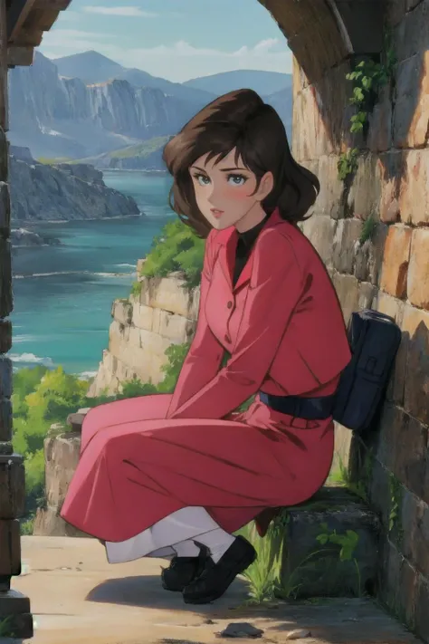 a woman in a pink dress sitting on a stone wall