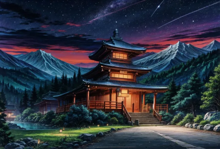 painting of a japanese temple in the mountains at night