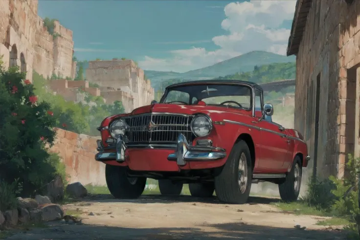 arafed image of a red car parked in front of a building