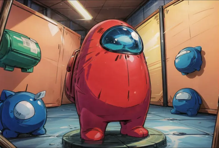 cartoon of a red robot standing in a room with other blue and green objects