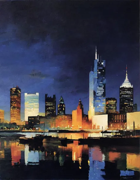 a painting of a city skyline at night with a boat in the water