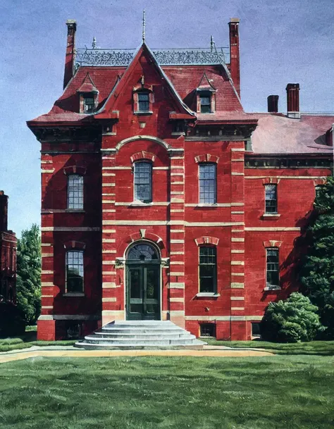 painting of a large red brick building with a clock on the front