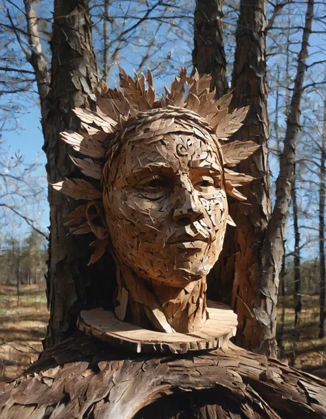 A sculpture made of dry bark, depicting a human face with intricate details. The sculpture is standing in a forest clearing surrounded by trees. The sky is blue and the sun is shining.