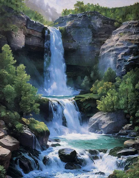 A close-up of a waterfall with a pewter color palette. The water is falling over a series of rocks. The water is crystal clear and the rocks are covered in moss. In the background, there is a nuclear power plant with a pewter color palette. The power plant...