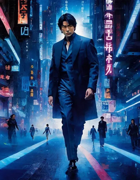 a man in a suit walking down a street in a city