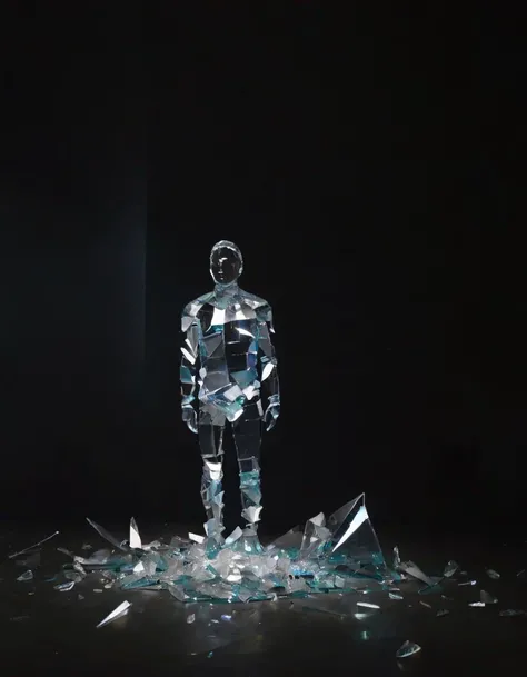 A sculpture made of broken glass shards, arranged to form a human figure. The figure is standing in a dark room with a single spotlight illuminating it. The room is filled with broken glass shards on the floor.