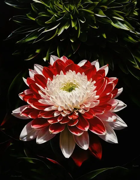 A close-up photograph of a large white chrysanthemum, surrounded by folded red and pink petal-like structures, set against a deep black background. The composition features a reflective surface below, which adds abstract red and white distortions and lush ...