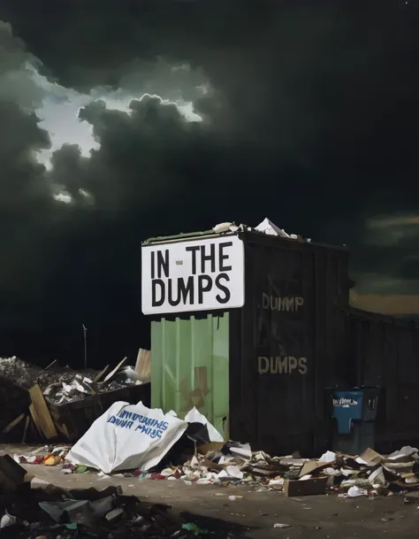 A logo that says "In the Dumps" set in a garbage dump. The logo is on a sign that is leaning against a pile of garbage. The sign is surrounded by trash and debris. The sky is dark and cloudy.