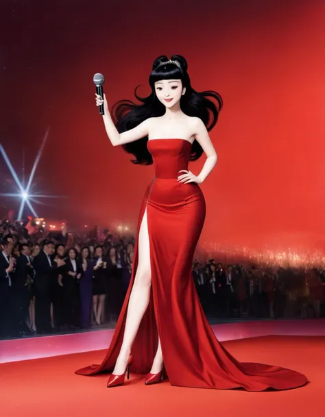 Fan Bingbing, a Chinese actress, is wearing a red dress and high heels. She is standing on a red carpet with a microphone in her hand. She is smiling and waving to the camera. The background is a stage with bright lights.