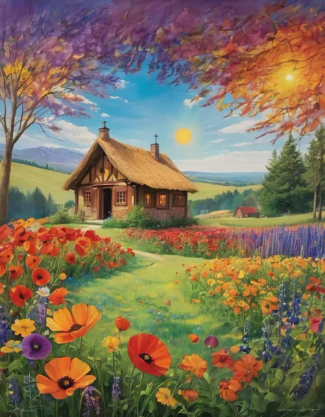 a painting of a cottage in a field of flowers