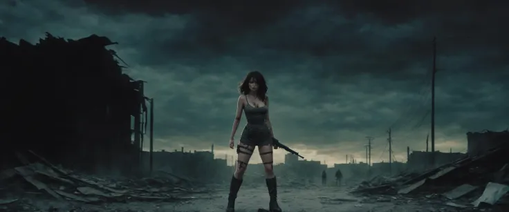 A woman with a scarred face and torn clothes is standing in the middle of a deserted street. She is holding a gun in her hand. The sky is dark and stormy. The buildings in the background are in ruins. The woman is looking determined and ready for action.