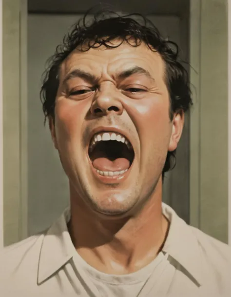 A close-up of Jack Nicholsons face as he is screaming and throwing a chair in a hospital room. The room is filled with other patients and nurses. The scene is from the movie One Flew Over the Cuckoos Nest directed by Milos Forman.