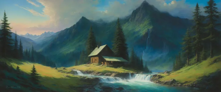 painting of a cabin in the mountains with a stream running through it