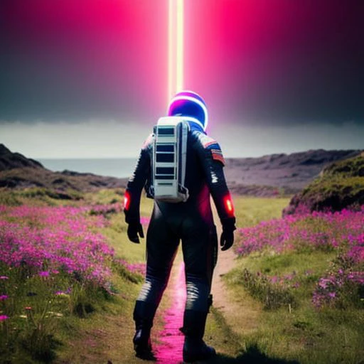 neon-ground-astronaut scifi style,a human male man figure in astronaut suit in field,helmet glowing pink, dynamic lighting, atmosphere  lighting, hyper detail features, ray tracing, high flare, 3D, cinematic lighting, dark shadows, unrealistic Engine 5 ren...