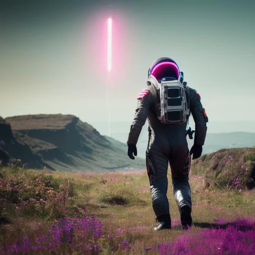 neon-ground-astronaut scifi style,a human male man figure in astronaut suit in field,helmet glowing pink, dynamic lighting, atmosphere  lighting, hyper detail features, ray tracing, high flare, 3D, cinematic lighting, dark shadows, unrealistic Engine 5 ren...