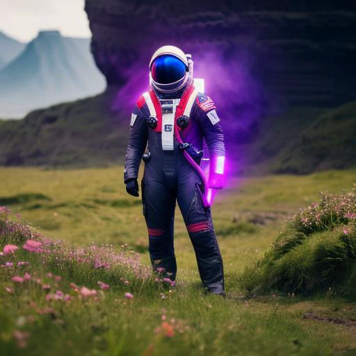 neon-ground-astronaut scifi style,a human male man figure in astronaut suit in field,helmet glowing pink, dynamic lighting, atmosphere  lighting, hyper detail features, ray tracing, high flare, 3D, cinematic lighting, dark shadows, unrealistic Engine 5 ren...