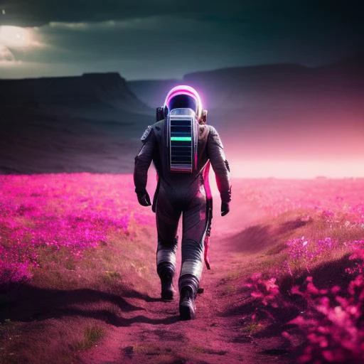 neon-ground-astronaut scifi style,a human male man figure in astronaut suit in field,helmet glowing pink, dynamic lighting, atmosphere  lighting, hyper detail features, ray tracing, high flare, 3D, cinematic lighting, dark shadows, unrealistic Engine 5 ren...