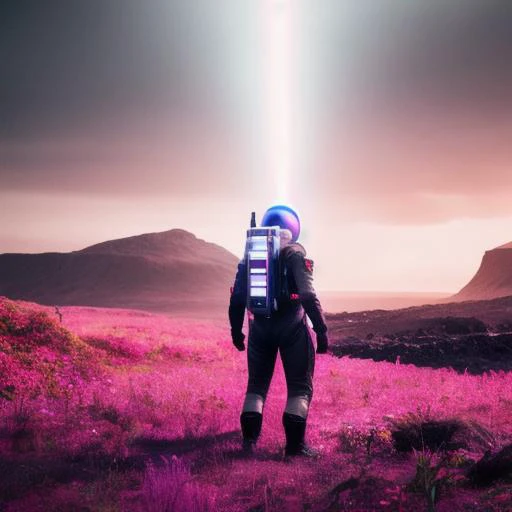 neon-ground-astronaut scifi style,a human male man figure in astronaut suit in field,helmet glowing pink, dynamic lighting, atmosphere  lighting, hyper detail features, ray tracing, high flare, 3D, cinematic lighting, dark shadows, unrealistic Engine 5 ren...