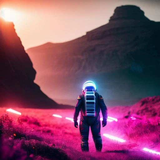 neon-ground-astronaut scifi style,a human male man figure in astronaut suit in field,helmet glowing pink, dynamic lighting, atmosphere  lighting, hyper detail features, ray tracing, high flare, 3D, cinematic lighting, dark shadows, unrealistic Engine 5 ren...