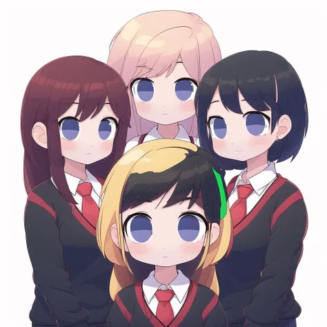 <lora:emptychibi:1> ,  3girls, black eyes, black hair, blonde hair, green eyes, multiple girls, necktie, school uniform, sweater, v, | |