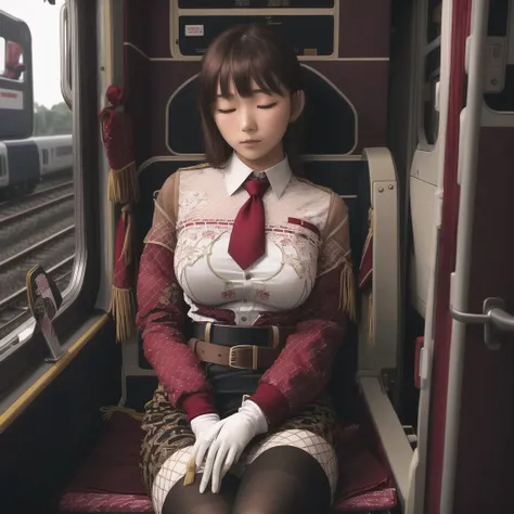 <lora:detkokosh:1> , detkokosh, 1girl, bangs, belt, belt buckle, between breasts, black belt, black legwear, blush, breasts, brown eyes, brown hair, buckle, eyebrows visible through hair, gloves, ground vehicle, jacket, large breasts, locomotive, long hair...