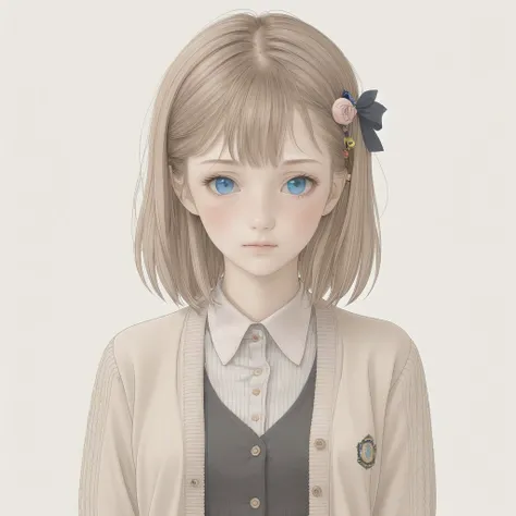 <lora:alice2:1.0>, 1girl, blue eyes, blush, cardigan, dress shirt, hair ornament, hairclip, highres, looking at viewer, open cardigan, redhead, school uniform, shirt, short hair, skirt, solo