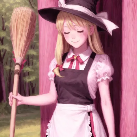 <lora:angy:1> , angy, 1girl, ;), apron, bangs, black headwear, black neckwear, black ribbon, black skirt, black vest, blonde hair, blush, bow, broom, eyebrows visible through hair, feet out of frame, forest, frilled apron, frills, grey bow, hair between ey...