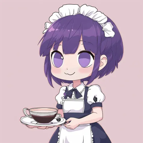 <lora:emptychibi:1> ,  1girl, apron, bangs, black neckwear, blue dress, blush, bow, braid, breasts, closed mouth, cup, dress, eyebrows visible through hair, frilled apron, frilled skirt, frills, green bow, hair between eyes, highres, knife, maid, maid apro...