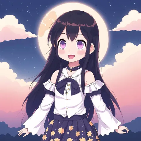 <lora:emptychibi:1> ,  1girl, :d, black hair, floral print, frilled sleeves, frills, long hair, long skirt, moon, night, open mouth, skirt, sky, smile, star (sky), starry sky, wide sleeves