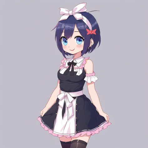 <lora:emptychibi:1> ,  1girl, black dress, black hairband, black legwear, blue eyes, blue hair, cleavage cutout, clothing cutout, cowboy shot, detached sleeves, double v, dress, eyebrows visible through hair, hair ornament, hair ribbon, hairband, high coll...