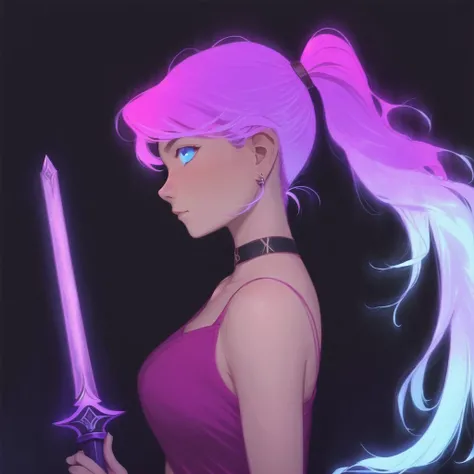 <lora:glowhair:1> , glowing, 1girl, blue eyes, dress, female, long hair, magical girl, maul, pink hair, ponytail, solo, sword, weapon