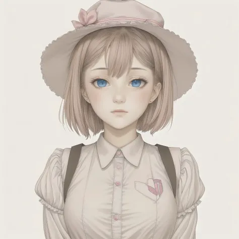 <lora:alice2:1.0>, blue eyes, breast grab, hat, nanawind, pink hair, short hair, seifuku