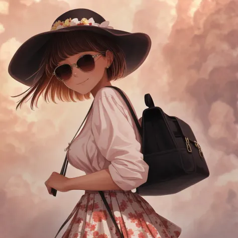 <lora:natsu_ichi2:1> , natsu,  1girl, bag, breasts, brown hair, english commentary, eyelashes, floral background, from behind, handbag, hat, high-waist skirt, highres, long hair, low-tied long hair, red skirt, redhead, redrawn, skirt, sleeveless, small bre...