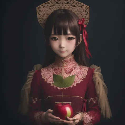 <lora:detkokosh:1> , detkokosh, 1girl, apple, bangs, black hair, blunt bangs, blush, bright pupils, brown eyes, flower, food, fruit, hair ribbon, hands up, highres, holding, holding food, holding fruit, kotoppe neko, leaf, long hair, long sleeves, looking ...