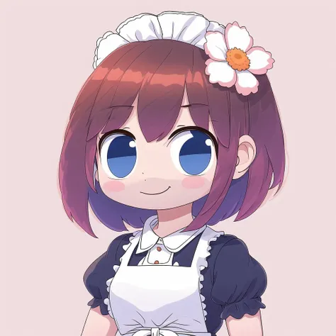 <lora:emptychibi:1> ,  1girl, ahoge, apron, bangs, blue eyes, blush, bow, bowtie, brown hair, closed mouth, collared shirt, dated, dress, eyebrows visible through hair, flower, flying sweatdrops, frilled apron, frills, hair flower, hair ornament, highres, ...